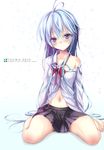  ahoge bare_shoulders barefoot blue_eyes blue_hair blush character_name copyright_name denpa_onna_to_seishun_otoko fukai_ryousuke highres navel school_uniform sitting skirt smile solo touwa_erio wariza 