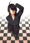  araragi_koyomi bakemonogatari black_hair checkered checkered_floor hair_over_one_eye kouji_(campus_life) male_focus monogatari_(series) perspective school_uniform solo 