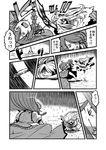  braid comic greyscale hat hong_meiling izayoi_sakuya jumping knife long_hair monochrome multiple_girls rain shirt skirt skirt_set slashing star touhou translated tsuki_wani twin_braids umbrella 