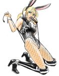  animal_ears bare_shoulders blonde_hair boots breasts bunny_ears crotch_rub cuffs earmuffs fishnet_pantyhose fishnets green_eyes high_heels knee_boots leotard licking medium_breasts nina_williams nonjake pantyhose phallic_symbol ponytail sexually_suggestive shoes solo tekken whip 