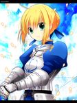  ahoge armor armored_dress artoria_pendragon_(all) bad_id bad_pixiv_id blonde_hair copyright_name dress fate/stay_night fate/zero fate_(series) gauntlets green_eyes hair_ribbon nono_(noxno) petals ribbon saber solo sword weapon 