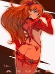  ass blue_eyes bodysuit butt_crack evangelion:_2.0_you_can_(not)_advance from_behind hair_ornament long_hair looking_back min-naraken multicolored multicolored_bodysuit multicolored_clothes neon_genesis_evangelion orange_bodysuit orange_hair plugsuit rebuild_of_evangelion red_bodysuit shikinami_asuka_langley skin_tight smile solo souryuu_asuka_langley test_plugsuit twintails two_side_up 