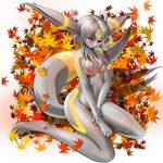  blush breasts chest_tuft eeveelution female fur grey_hair hair hi_res leaves long_ears long_hair miharin nintendo nipples nude pillow pok&#233;mon pok&#233;morph pok&eacute;mon pok&eacute;morph pussy solo tail tuft umbreon video_games yellow_eyes 