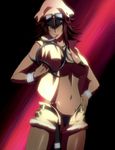  1girl absurdres black_panties bra breasts dark_skin female girl highres ikkitousen licking moukaku_(ikkitousen) panties red_hair smile solo standing stitched tongue underboob underwear 