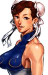  bad_id bad_pixiv_id bare_shoulders breasts brown_eyes brown_hair bun_cover chun-li double_bun earrings jewelry large_breasts okada_(hoooojicha) sideboob solo street_fighter street_fighter_zero_(series) white_background 