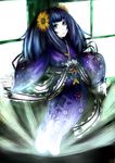  bad_id bad_pixiv_id blue_eyes blue_hair chiyo_(fragile) floating flower fragile:_sayonara_tsuki_no_haikyo ghost hair_flower hair_ornament highres japanese_clothes kimono long_hair obata_n pins purple_hair short_hair smile solo spirit 