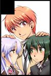  2boys angel_beats! black_border border brown_eyes brown_hair circle_cut green_hair highres long_hair multiple_boys nakari_sai naoi_ayato otonashi_(angel_beats!) school_uniform shinda_sekai_sensen_uniform silver_hair tenshi_(angel_beats!) yellow_eyes 