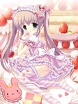 ass blush bow brown_hair cake candy cookie food fruit green_eyes hair_bow hair_ribbon headdress lolita_fashion long_hair looking_back open_mouth original panties ribbon solo strawberry striped striped_legwear striped_thighhighs suama sweet_lolita thighhighs twintails underwear 