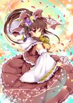  bad_id bad_pixiv_id between_fingers blush bow brown_eyes brown_hair dancing detached_sleeves embellished_costume flower hair_flower hair_ornament hakurei_reimu light_particles long_hair ofuda outstretched_arms petals ribbon sarashi skirt solo spread_arms tassel touhou wataame27 