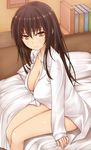  bad_id bad_pixiv_id big_wednesday bottomless breasts brown_eyes brown_hair cleavage dress_shirt highres kotegawa_yui large_breasts light_smile long_hair looking_at_viewer naked_shirt shiny shiny_skin shirt sitting smile solo to_love-ru to_love-ru_darkness unbuttoned 