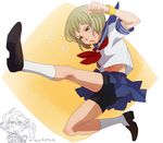  1girl @@@ bad_id bad_pixiv_id blonde_hair green_eyes huang_baoling ivan_karelin kicking navel pleated_skirt school_uniform serafuku short_hair shorts shorts_under_skirt skirt tiger_&amp;_bunny 