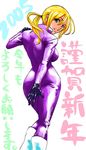  2005 aqua_eyes black_gloves blonde_hair bodysuit boots breasts catsuit covering covering_ass from_behind gloves green_eyes large_breasts long_hair looking_back nina_williams nonjake parted_lips ponytail purple_bodysuit solo tekken translation_request white_footwear 