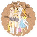  ahoge barefoot brown_eyes brown_hair crossover dress error gen_1_pokemon gen_2_pokemon highres last_order loose_socks misaka_imouto misaka_mikoto misaka_worst multiple_girls pichu pikachu pokemon pokemon_(creature) power_connection raichu school_uniform short_hair socks sora_(sunday_sky) to_aru_kagaku_no_railgun to_aru_majutsu_no_index typo vietnamese_dress 