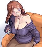  american_oppai-san blue_eyes blush breasts brown_hair chair cleavage food glasses head_tilt huge_breasts lips long_hair mouth_hold no_bra off_shoulder one_eye_closed original pocky sitting solo sweater tsuda_nanafushi 