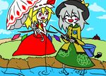  barefoot blonde_hair blush bucket closed_eyes fang fishing fishing_rod flandre_scarlet good_end green_eyes grey_hair happy hat komeiji_koishi lake multiple_girls parody red_eyes scarlet_devil_mansion shoes smile style_parody third_eye touhou umbrella white_skin yuberyu 