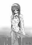  blush breasts covered_nipples doujinshi greyscale guity hairband highres long_hair long_skirt monochrome non-web_source shirt sitting skirt small_breasts solo toono_akiha tsukihime wet wet_clothes wet_shirt 
