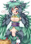  blush bottomless breastless_clothes breasts claws embarrassed fat_mons feathers food gloves green_hair harpy highres monster_girl morgan_(shinrabanshou) nipples pubic_stubble purple_ribbon pussy red_eyes ribbon shimo_(depthbomb) shinrabanshou small_breasts waffle wings 