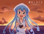  blue_eyes blue_hair blush derivative_work food hat ikamusume kanemoto_hisako long_hair mohya ocean official_style open_mouth parody shinryaku!_ikamusume smile solo sunset tentacle_hair 