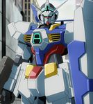  arms_at_sides blue_sky blurry building city day depth_of_field gundam gundam_age gundam_age-1 highres horns looking_at_viewer mecha no_humans outdoors screencap shield sky upper_body 