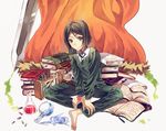  bad_id bad_pixiv_id bangs barefoot black_hair book cape chemistry_set command_spell fate/zero fate_(series) green_eyes indian_style male_focus necktie parted_bangs sitting solo sword toro96popo waver_velvet weapon 