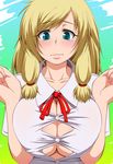  blonde_hair blue_eyes blush breast_squeeze breasts bursting_breasts cleavage hayashi_custom highres large_breasts original solo tears undersized_clothes wavy_mouth 