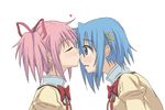  bad_id bad_pixiv_id banned_artist blue_eyes blue_hair blush closed_eyes gonzaburou hair_ornament hair_ribbon hairclip heart kaname_madoka kiss mahou_shoujo_madoka_magica miki_sayaka multiple_girls nose_kiss pink_hair ribbon school_uniform short_hair short_twintails simple_background twintails white_background yuri 