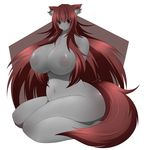  1girl animal_ears big_breasts big_butt blush breasts butt canine chubby curvy dark_skin female fur fzn grey_fur grey_skin hair hips huge_breasts human kneeling long_hair mammal navel nipples nude open_mouth personification plain_background raised_arm red_eyes red_hair shadow shiny solo tail unknown_artist white_background wide_hips wolf 