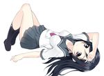  aragaki_ayase bad_id bad_pixiv_id black_hair blue_eyes breasts hand_on_forehead heart long_hair looking_at_viewer lying medium_breasts no_shoes on_back ore_no_imouto_ga_konna_ni_kawaii_wake_ga_nai school_uniform serafuku simple_background skirt smile soburi socks solo upside-down 