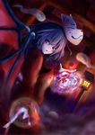  alternate_costume bad_id bad_pixiv_id bat_wings fang fox_mask highres hitodama lantern magic_circle mask ofuda purple_hair red_eyes remilia_scarlet short_hair solo torii touhou wings yushika 