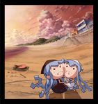  beach cheek-to-cheek chibi cloud evening fighting ikamusume kuro-mini-ikamusume mini-ikamusume minigirl multiple_girls ocean sam_(nakabashi) sand seaside shinryaku!_ikamusume shrimp sky sumo tally windowboxed 