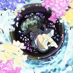  :o abe_kanari afloat bucket child feet flower foreshortening green_eyes green_hair hair_bobbles hair_ornament in_bucket in_container japanese_clothes kisume off_shoulder petals socks soles solo touhou twintails water white_legwear 