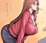  american_oppai-san bent_over between_breasts blue_eyes breasts brown_hair cleavage food glasses huge_breasts long_hair mouth_hold original pocky solo sweater translated tsuda_nanafushi 