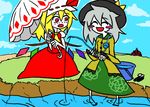  barefoot blonde_hair blush bucket closed_eyes duplicate fang fishing fishing_rod flandre_scarlet good_end green_eyes grey_hair happy hat komeiji_koishi lake multiple_girls red_eyes scarlet_devil_mansion shoes smile third_eye touhou umbrella white_skin yuberyu 