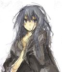  black_hair duel_monster eria fujiwara_akina long_hair naked_coat simple_background sketch solo yuu-gi-ou yuu-gi-ou_duel_monsters 