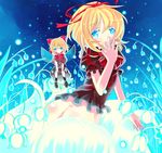  ass blonde_hair blue_eyes bottomless bow covering_mouth doll dress flower glowing glowing_eyes hair_bow hair_ribbon hand_over_own_mouth heri lily_of_the_valley medicine_melancholy no_panties ribbon solo su-san touhou wings 