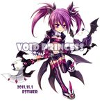  2011 :3 aisha_(elsword) bat_wings boots creature dated elsword esther_sheep midriff purple_eyes purple_hair purple_legwear shirt short_hair skirt smile solo staff standing standing_on_one_leg strapless taut_clothes taut_shirt thigh_boots thighhighs tubetop twintails wings 