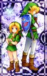  bad_id bad_pixiv_id belt blonde_hair boots dual_persona earrings fingerless_gloves gloves green_eyes hat instrument jewelry link male_focus minatosaiga multiple_boys ocarina shield sword the_legend_of_zelda weapon young_link 