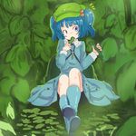  abe_kanari blue_eyes blue_hair blush_stickers boots cucumber dress eating hair_bobbles hair_ornament hat kawashiro_nitori key rubber_boots sitting solo touhou two_side_up wasp 