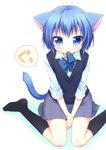  animal_ears black_legwear blue_eyes blue_hair bow cat_ears cat_tail highres kneehighs mouth_hold no_shoes onka original saliva school_uniform short_hair sitting solo sweater_vest tail usashiro_mani wariza 