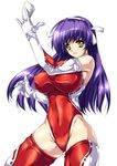  bad_id bad_pixiv_id breasts covered_nipples elbow_gloves gloves highres large_breasts leotard long_hair nontraditional_miko original purple_hair red_leotard smash_daisaku solo thighhighs yellow_eyes 