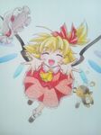  ascot blonde_hair broken closed_eyes colored_pencil_(medium) fang flandre_scarlet hair_ribbon hat hat_removed headwear_removed incoming_hug millipen_(medium) open_mouth outstretched_arms ribbon rikuriku shirt side_ponytail skirt skirt_set smile solo stuffed_animal stuffed_toy teddy_bear touhou traditional_media wings 