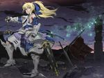  adapted_costume armor armpits artoria_pendragon_(all) blonde_hair boots fate/stay_night fate/zero fate_(series) flag green_eyes highres kimura_shigetaka ponytail saber sheath solo sunset sword weapon wind 