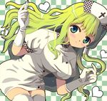  alternate_costume blush breasts frown gloves green_eyes green_hair hat hazakura_satsuki kochiya_sanae large_breasts long_hair nurse nurse_cap solo syringe thighhighs touhou white_legwear zettai_ryouiki 