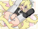  1girl alternate_color blonde_hair blush breasts covering eito filia_(skullgirls) futakuchi-onna glowing glowing_eyes hips impossible_clothes impossible_clothing impossible_shirt lab_zero_games large_breasts long_hair lying miniskirt navel necktie on_back open_mouth panties pantyshot prehensile_hair purple_eyes samson_(skullgirls) shirt simple_background skirt skullgirls smile solo teeth thick_thighs thighhighs thighs underwear upskirt v very_long_hair white_legwear white_thighhighs wide_hips 