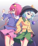  back-to-back blue_eyes blue_hair hair_ribbon hat heart komeiji_koishi komeiji_satori lv21 multiple_girls pink_eyes pink_hair ribbon siblings sisters skirt smirk third_eye touhou 