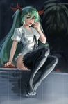  bad_deviantart_id bad_id black_legwear blouse bottomless bow cherry doyora food fruit grapes green_eyes green_hair hair_bow hatsune_miku long_hair no_pants no_shoes sitting solo thighhighs twintails vocaloid world_is_mine_(vocaloid) 