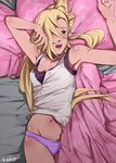  bed blanket blonde_hair blush breasts cleavage cowboy_shot hair_over_one_eye long_hair lying medium_breasts messy_hair naruto naruto_(series) navel on_back on_bed one_eye_closed open_mouth panties pillow ponytail purple_panties sbel02 signature sleeveless solo striped striped_panties tears underwear very_long_hair yamanaka_ino 