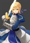  armor armored_dress artoria_pendragon_(all) blonde_hair corset dress excalibur fate/stay_night fate/zero fate_(series) faulds gauntlets green_eyes hair_ribbon highres lips prime ribbon saber short_hair simple_background solo sword weapon 