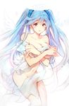  artist_request blue_hair breasts cleavage copyright_request covering covering_breasts halo large_breasts long_hair no_bra no_panties nude red_eyes sash see-through solo source_request twintails wings 