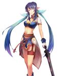  blue_hair elf judith midriff multicolored_hair navel pointy_ears polearm red_eyes shion_(kizuro) solo spear tales_of_(series) tales_of_vesperia two-tone_hair weapon 